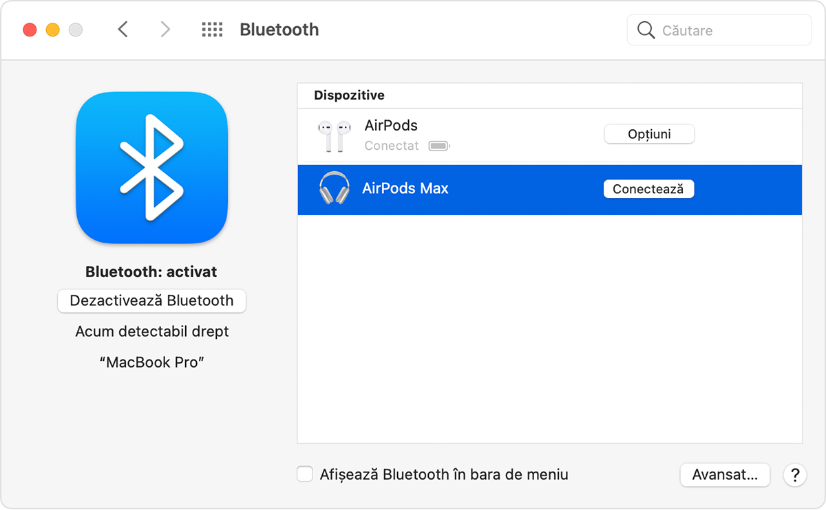 Opțiuni Bluetooth pe Mac