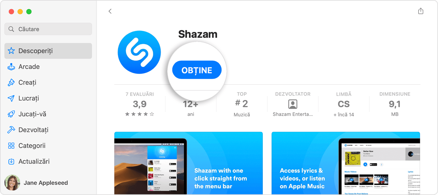 App Store pe Mac afișând butonul albastru Obține pe pagina produsului pentru aplicația Shazam.