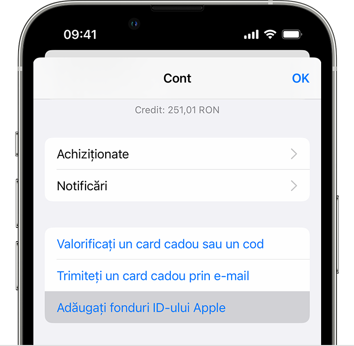 „Adăugați bani în cont” apare în meniul din App Store de pe iPhone.
