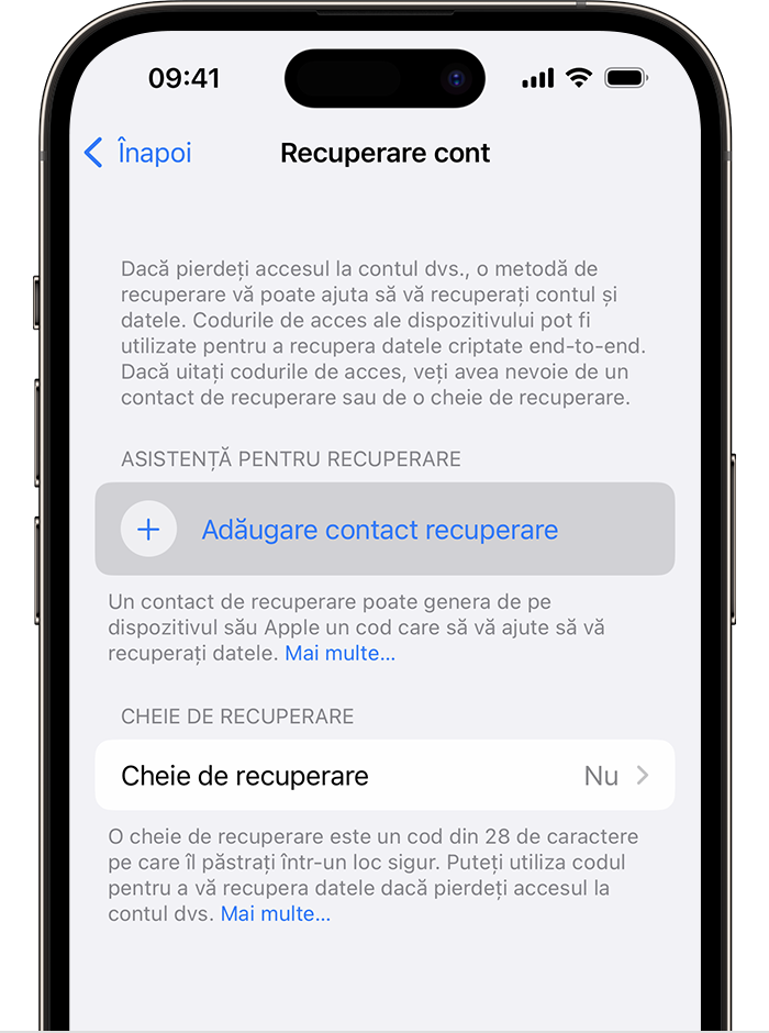 Pe iPhone, adaugă o persoană de contact pentru recuperare în Configurări