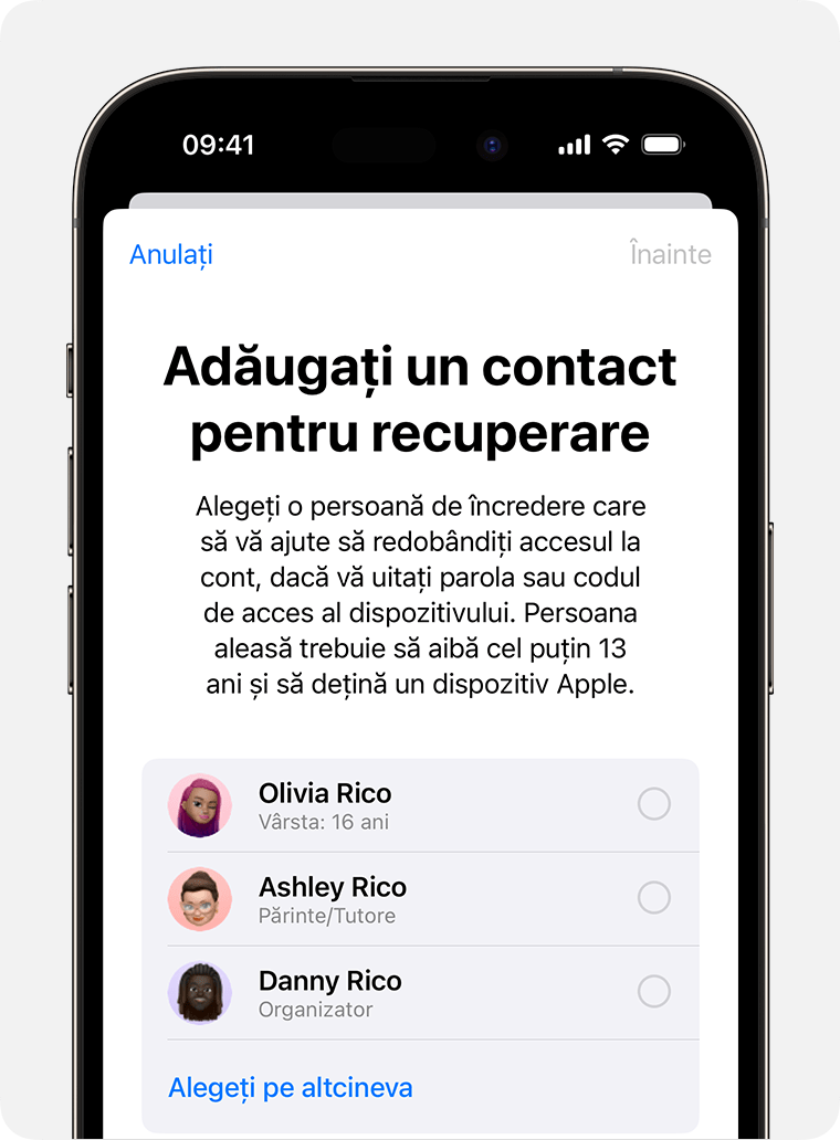 Ecran de iPhone care arată contacte pe care le poți adăuga ca persoane de contact pentru recuperare
