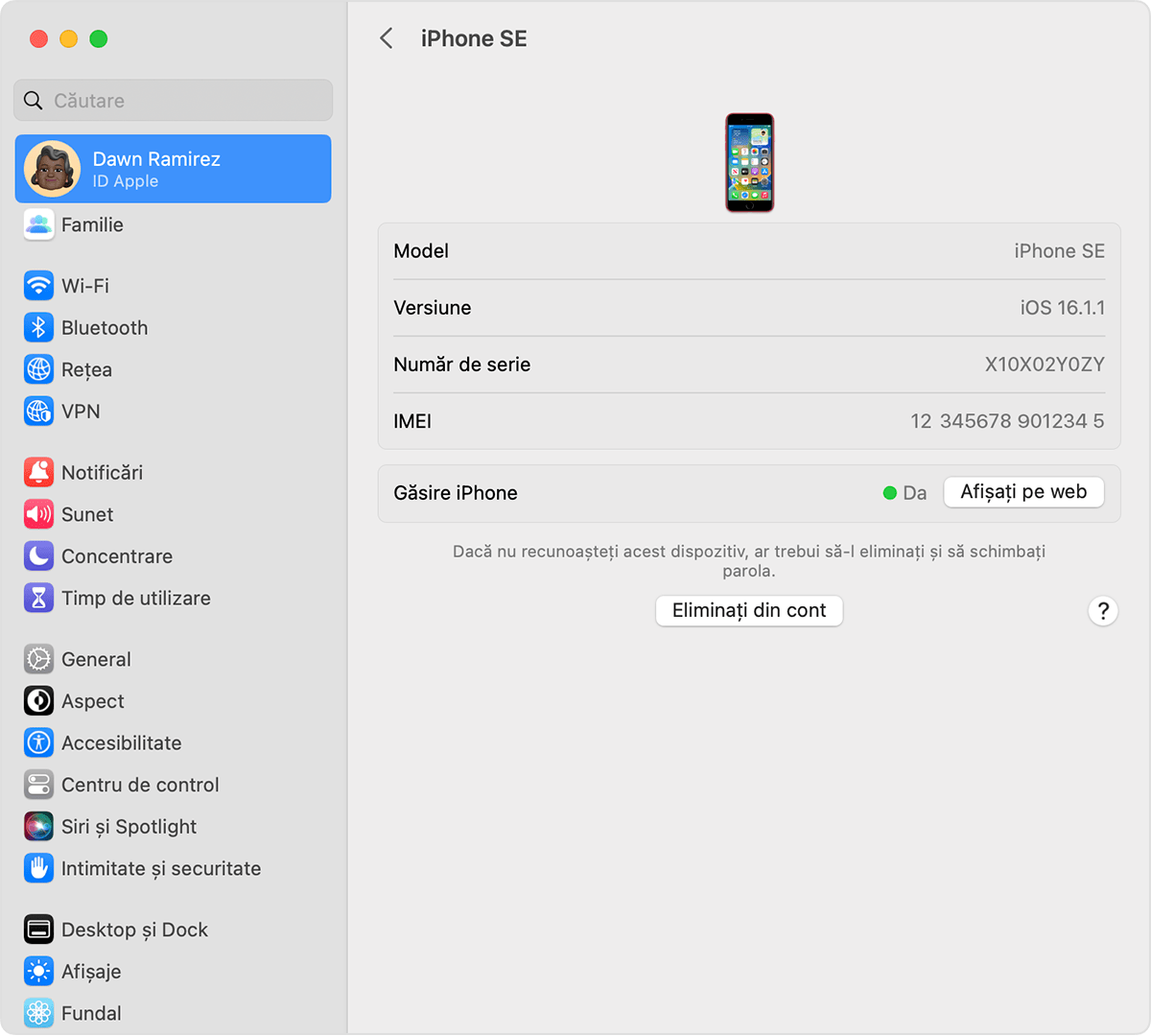 Eliminarea unui dispozitiv de pe lista de dispozitive asociată ID-ului tău Apple pe computerul Mac