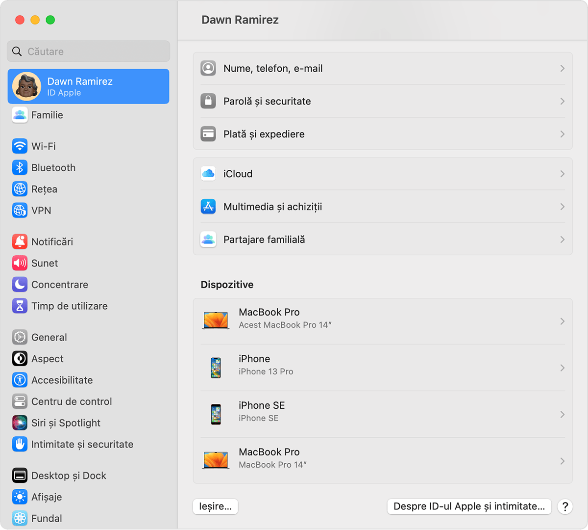 Pe computerul Mac, găsește dispozitivele la care te-ai autentificat cu ID-ul tău Apple în Configurări sistem