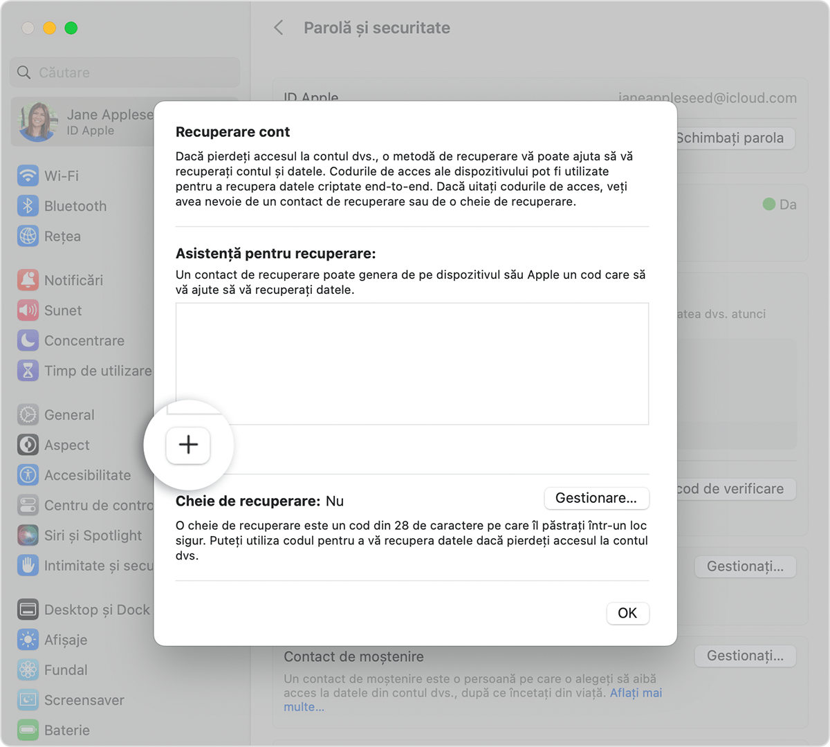 Pe Mac, adaugă o persoană de contact pentru recuperare în Configurări de sistem