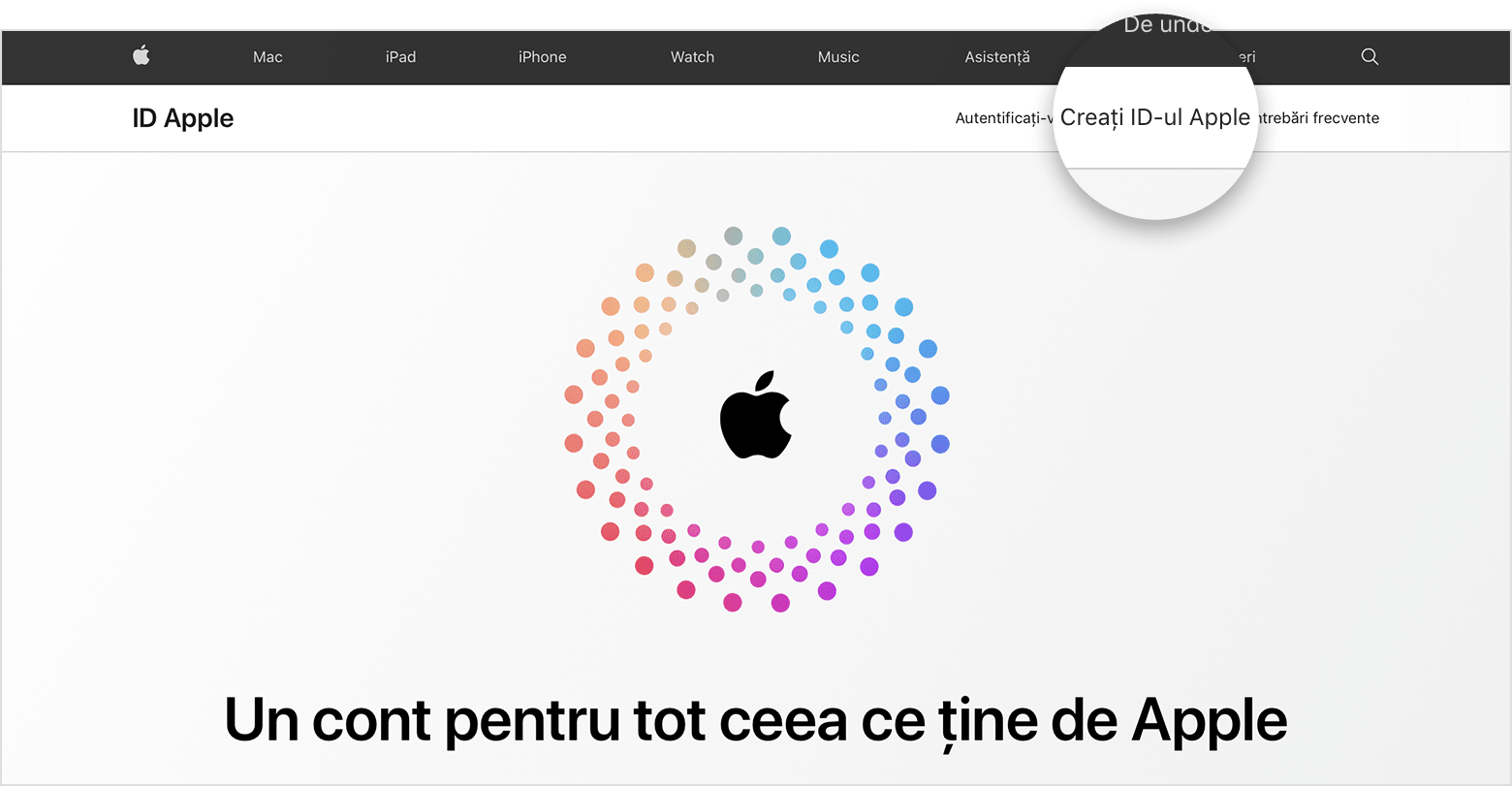O captură de ecran a appleid.apple.com, care are o siglă Apple în centrul ecranului, înconjurată de cercuri concentrice colorate.