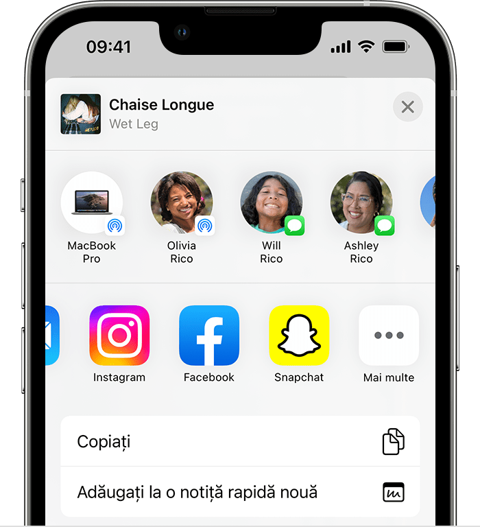 Cum se partajează muzică pe Facebook, Instagram sau Snapchat de pe  dispozitivul iPhone, iPad sau Android - Apple Support (RO)