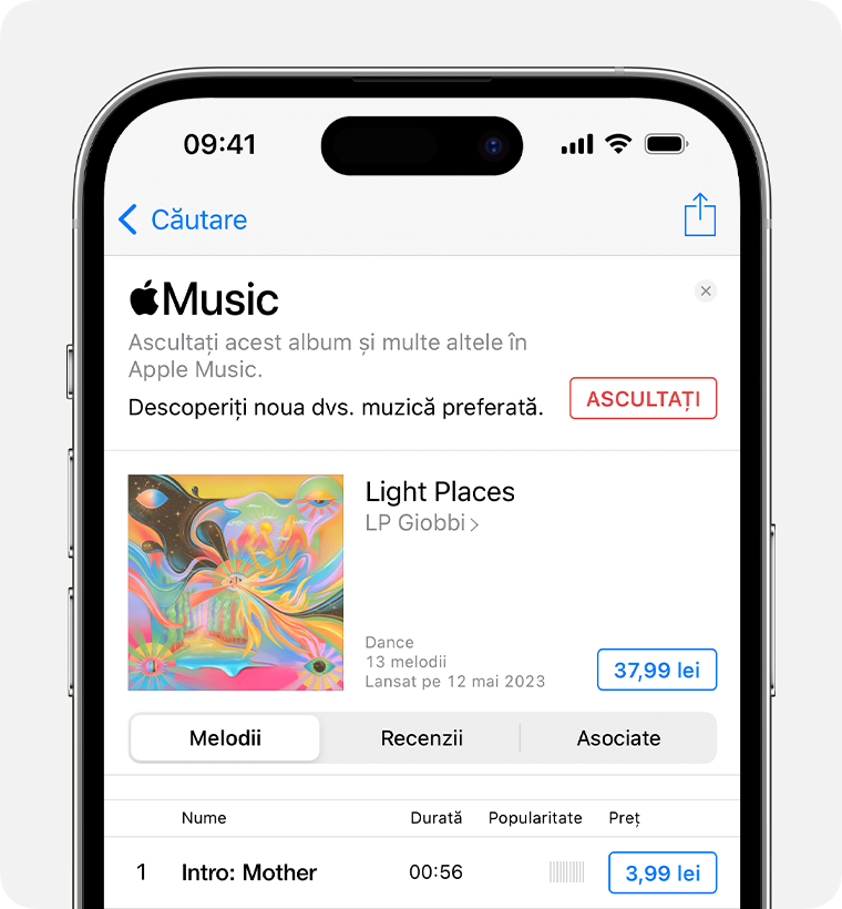 iPhone care afișează prețul aflat lângă un album în aplicația iTunes Store