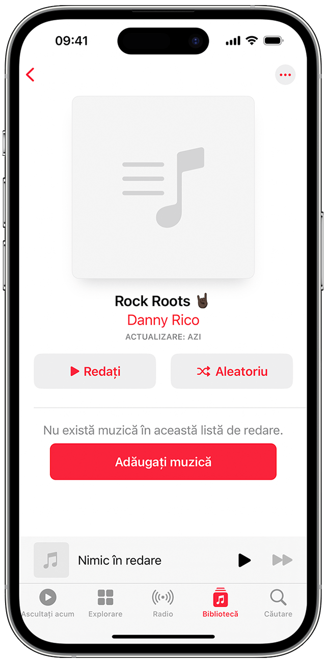 Un iPhone afișând ecranul pentru crearea unei noi liste de redare și butonul pentru adăugarea melodiilor