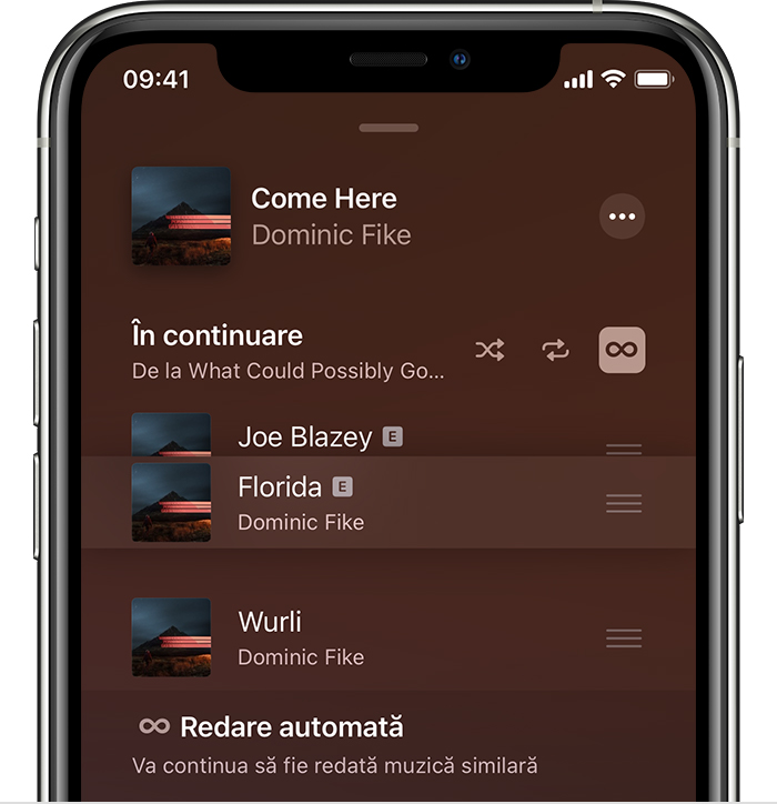 iPhone cu muzică în curs de rearanjare pe ecranul În continuare