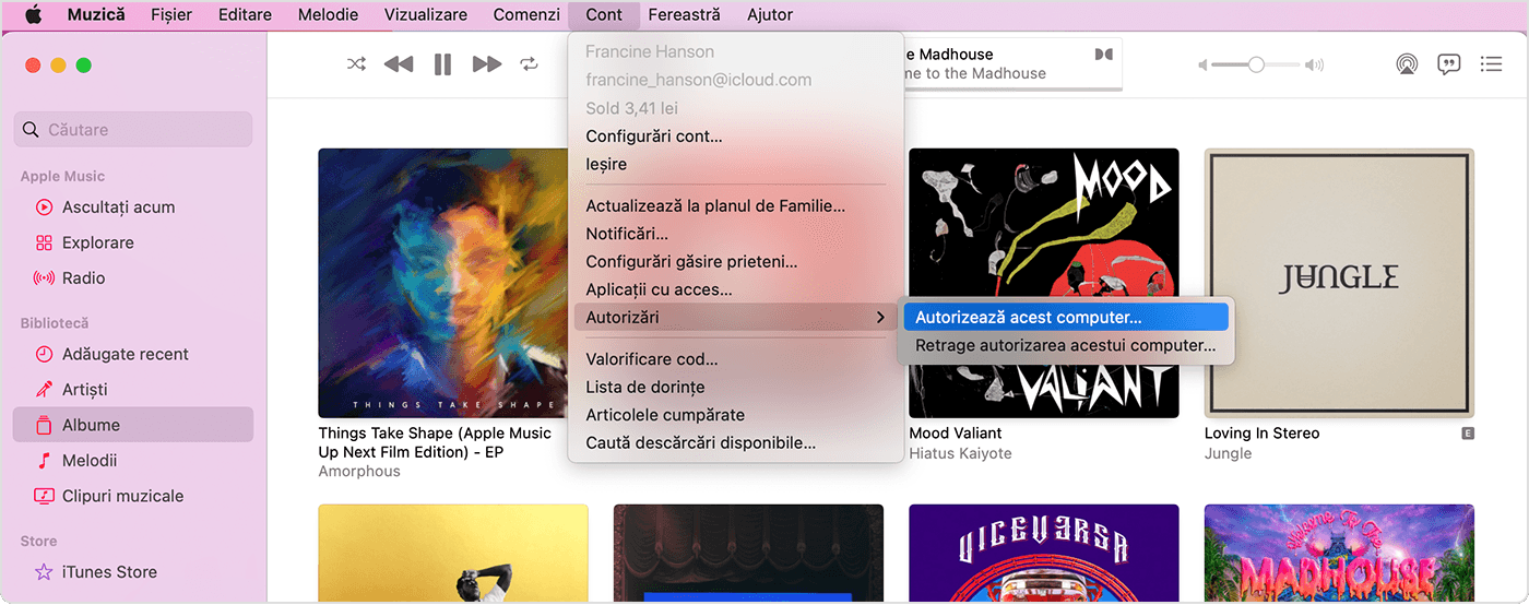 Aplicația Apple Music afișează meniul Cont, Autorizări și Autorizează acest computer. 