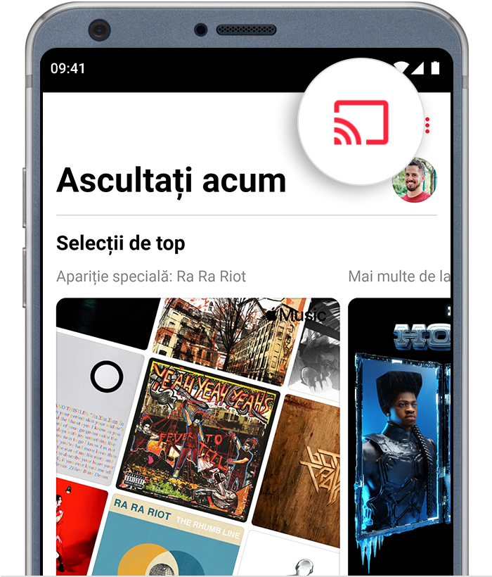Telefon Android afișând butonul de proiecție în partea de sus a aplicației Apple Music