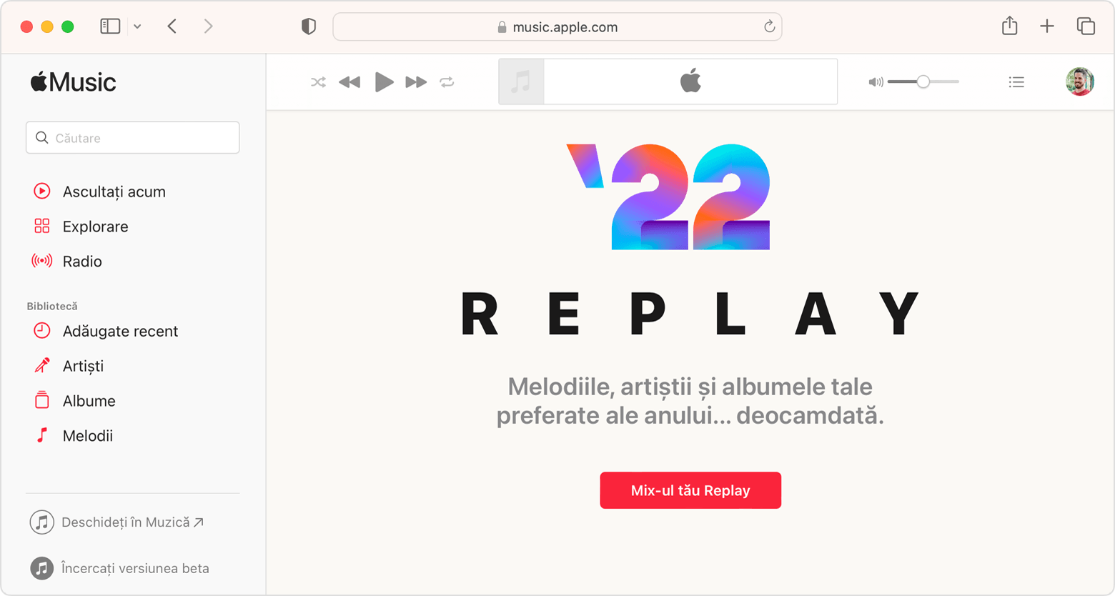 O fereastră Safari care afișează butonul Mix-ul tău Replay pe replay.apple.com