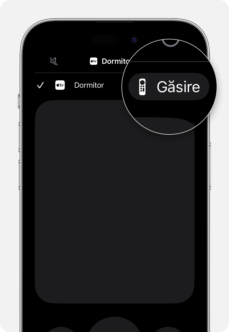 Butonul Găsire din versiunea iOS a Apple TV Remote apare lângă dispozitivul asociat