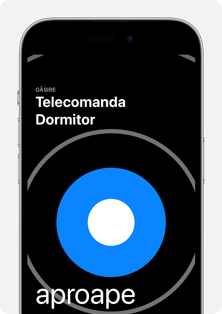 Pe ecranul unui iPhone apare un cerc albastru mare conținând cuvântul „aproape”
