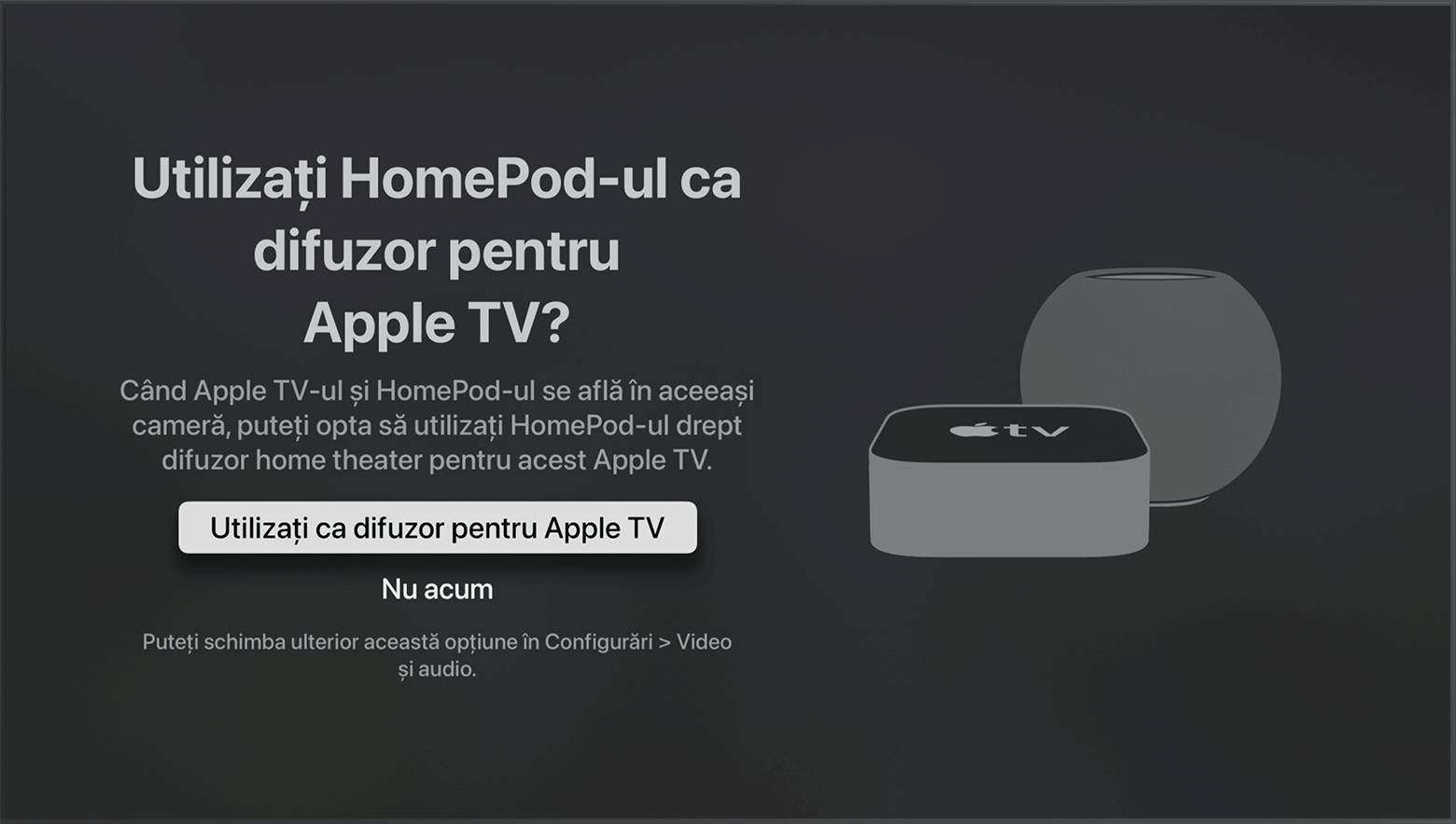 Captură de ecran tvOS care arată solicitarea Utilizați ca difuzoare pentru Apple TV.