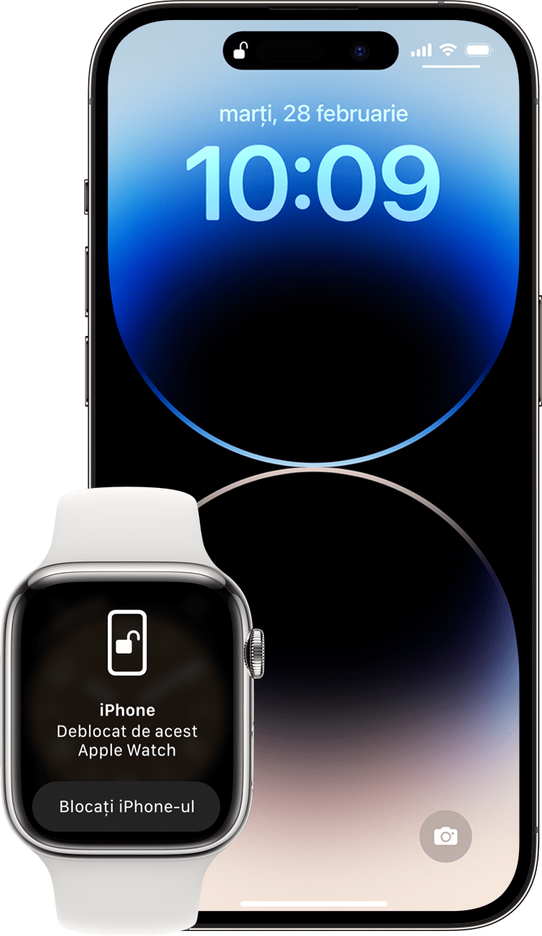 iPhone și Apple Watch care afișează ecrane pentru deblocare