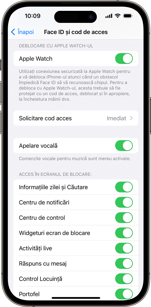 Captură de ecran iOS care afișează opțiunile de configurare Face ID și codul de acces.