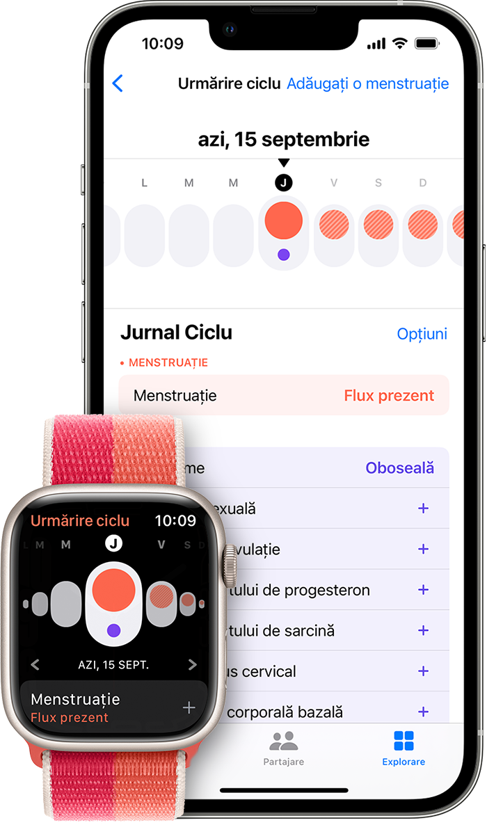 Aplicația Urmărirea ciclului de pe Apple Watch și aplicația Sănătate de pe iPhone