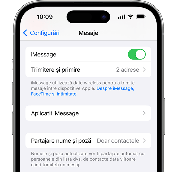Aplicația Configurări de pe iPhone arătând diferite configurări pentru Mesaje