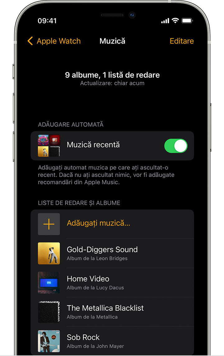 Aplicația Apple Watch de pe iPhone afișează liste de redare și albume pe care le poți adăuga.