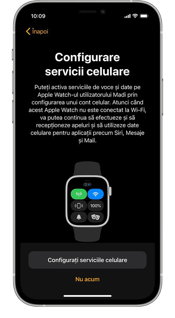 Ecranul Configurare servicii celulare în timpul configurării Apple Watch pe un iPhone.