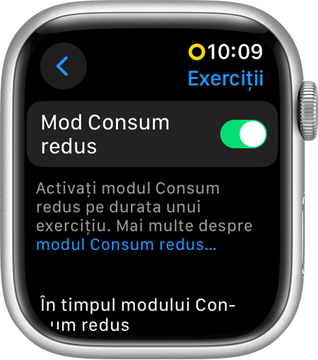 Apple Watch afișând modul Consum redus în configurările pentru Exerciții