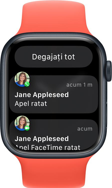 Apple Watch afișând butonul Degajați toate notificările