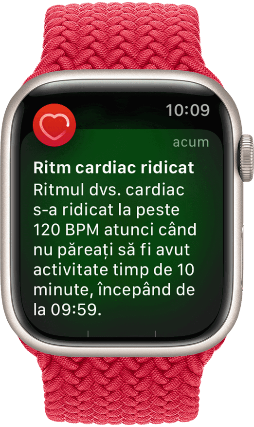 Dispozitiv Apple Watch care afișează o notificare privind Ritmul cardiac ridicat
