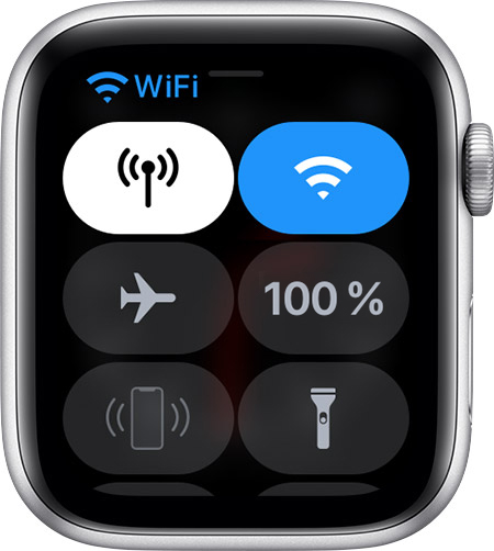 Centrul de control pe Apple Watch afișând că ești conectat la Wi-Fi.