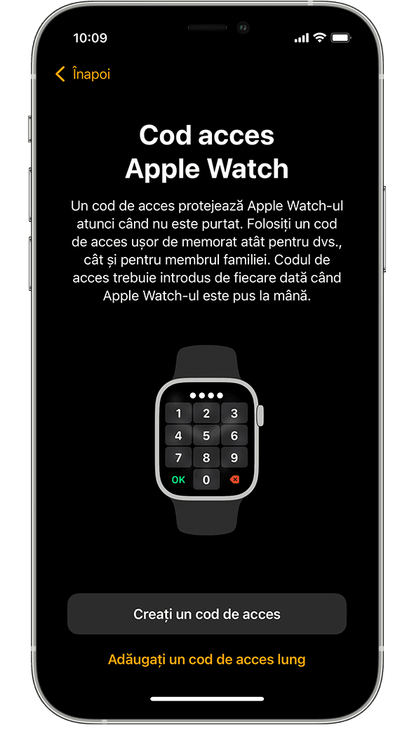 Ecranul de configurare a codului de acces Apple Watch pe un iPhone.