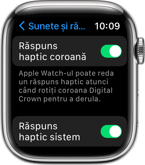 Apple Watch care afișează ecranul Sunete și răspuns haptic  cu configurările Răspuns haptic coroană și Răspuns haptic sistem