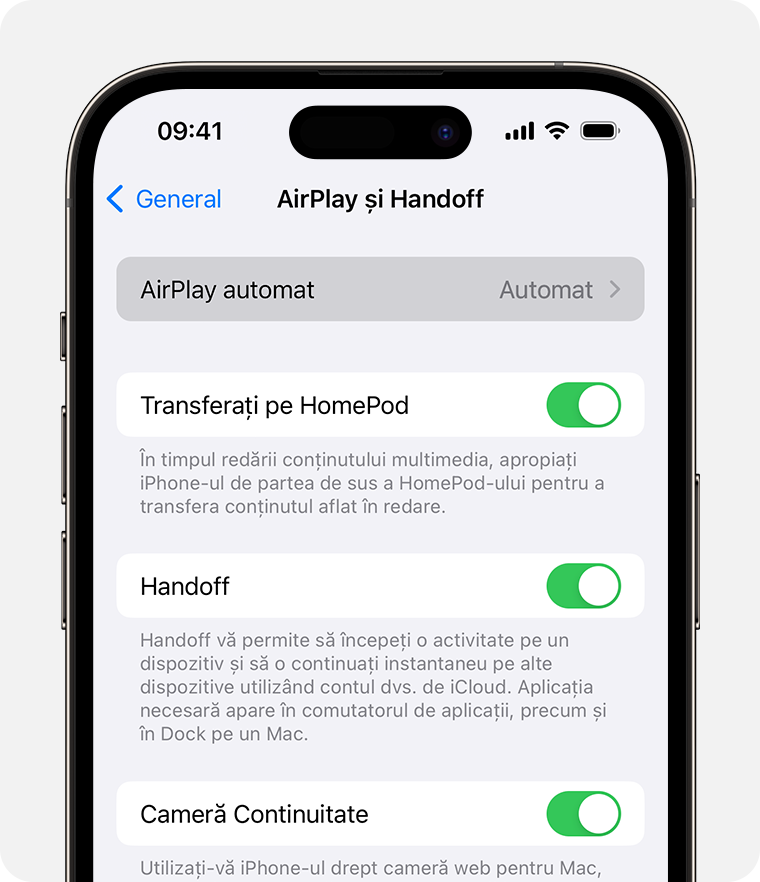 Opțiunea Automat este selectată pentru AirPlay automat pe ecranul AirPlay și Handoff de pe iPhone