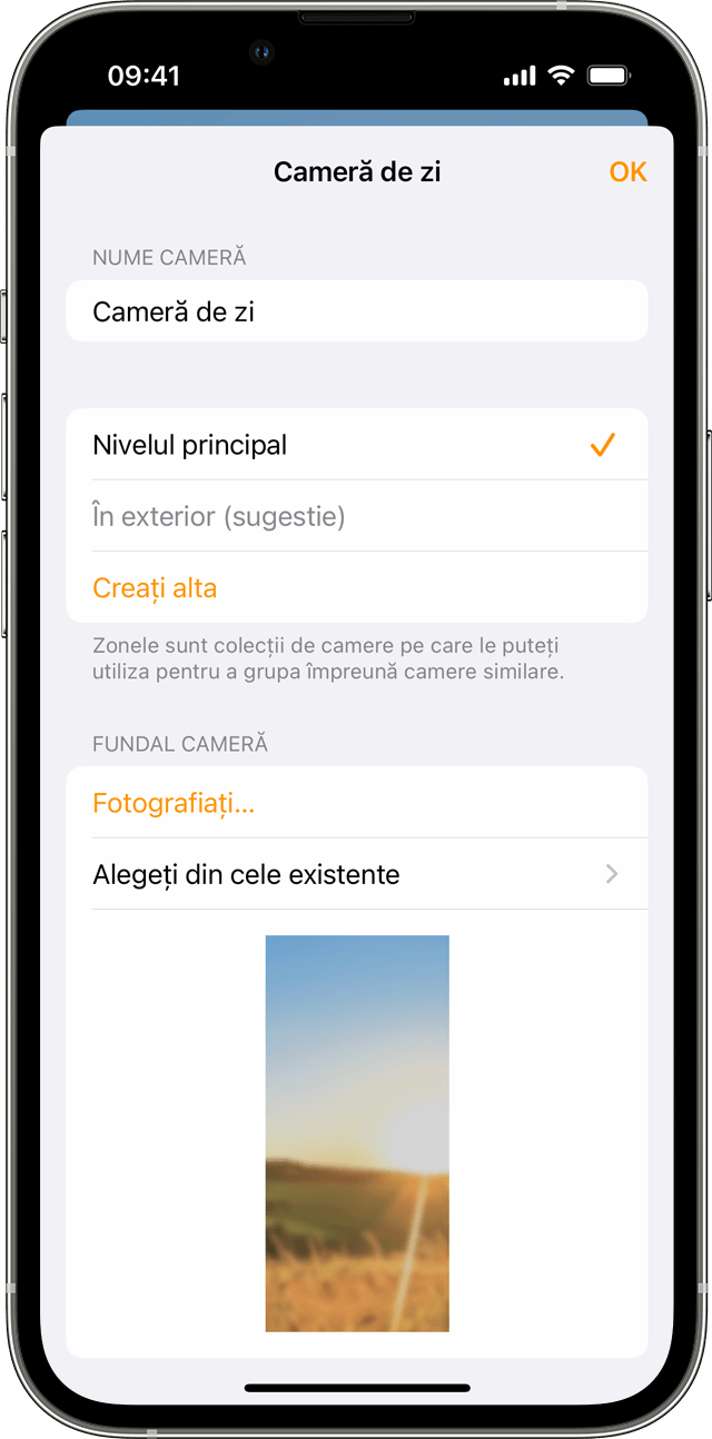 Aplicația Locuință pe iOS afișând Configurări din camera de zi. 