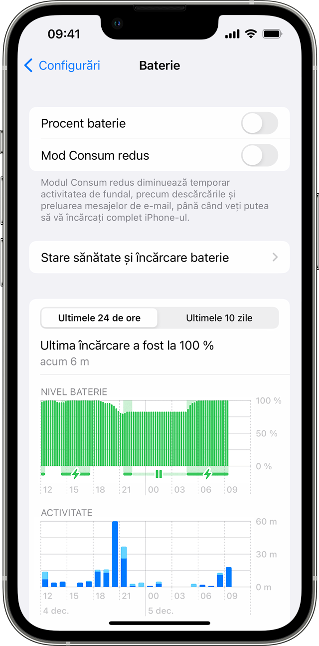 iPhone afișând ecranul Baterie în Configurări