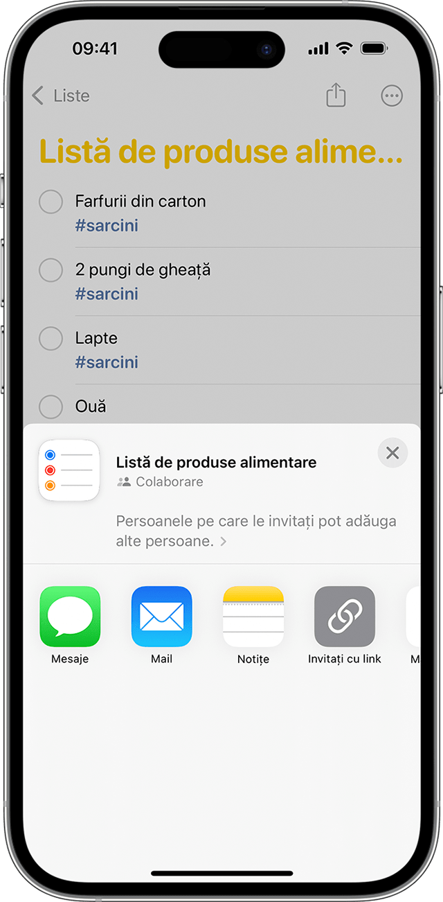 Opțiunile de partajare a unei liste Mementouri în iOS 16.