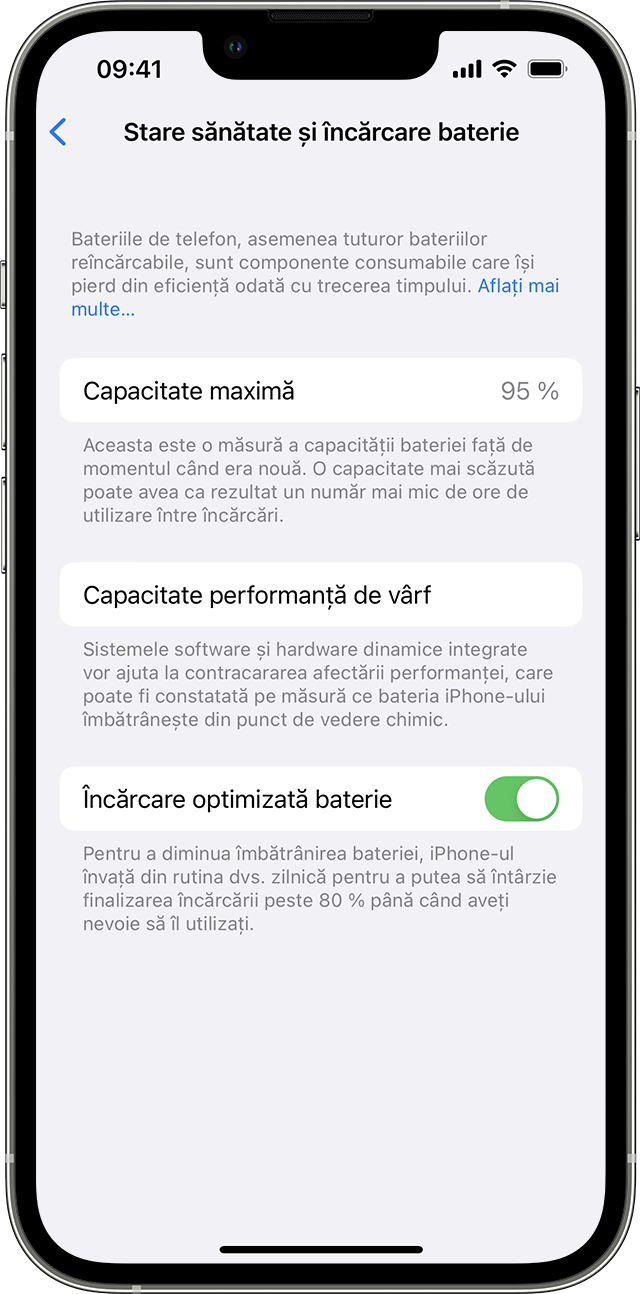 Despre încărcarea optimizată a baterie pe un dispozitiv iPhone - Apple  Support (RO)