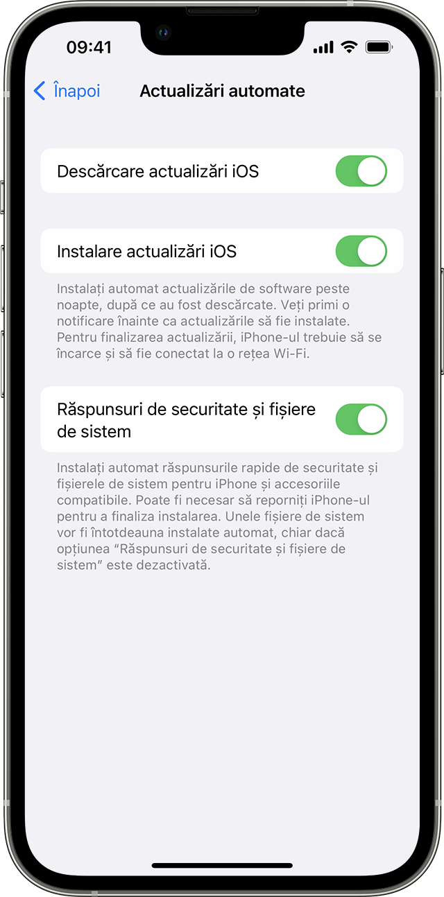 Aplicația Configurări pe iPhone afișând opțiunile de actualizare automată a dispozitivului.