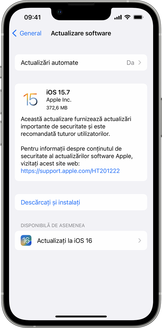 Aplicația Setări de pe iPhone care afișează opțiuni de actualizare la iOS 15.7 sau iOS 16.