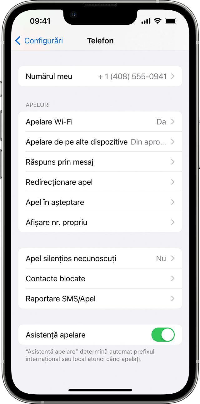 Un iPhone afișând ecranul Telefon, cu opțiunea Apelare Wi-Fi activată.