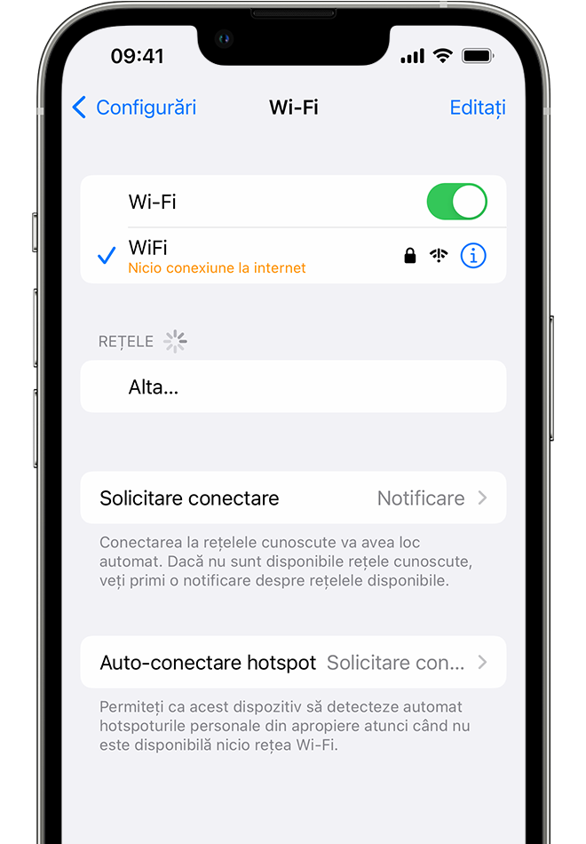 Un iPhone afișând ecranul Wi-Fi. Este afișat un mesaj de alertă sub numele rețelei Wi-Fi.