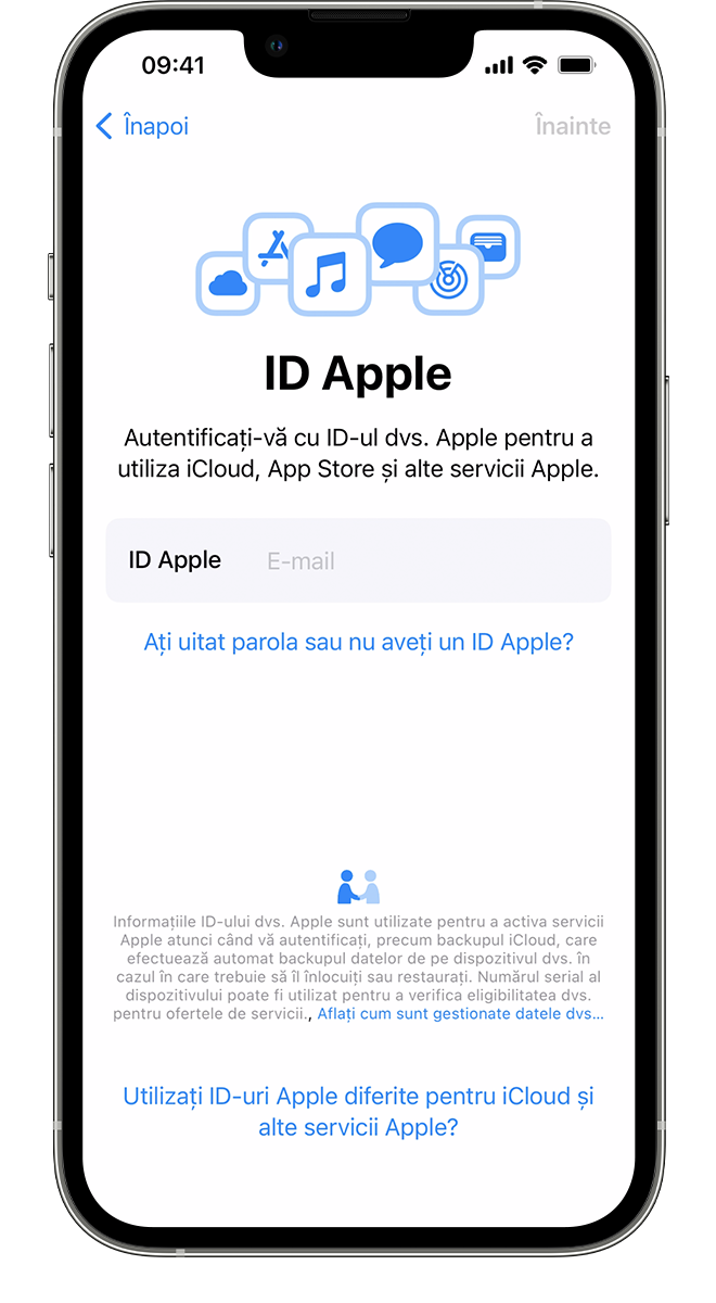 Un iPhone nou afișând ecranul ID Apple, unde te poți conecta cu ID‑ul tău Apple și parola.