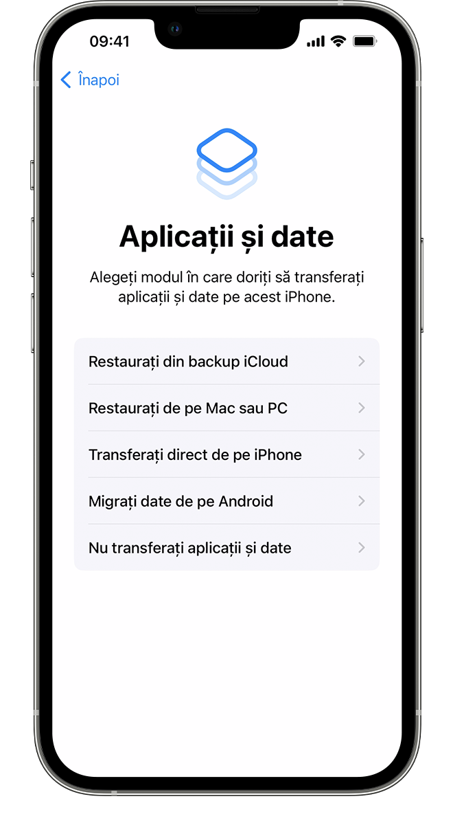 Un iPhone nou care afișează ecranul Aplicații și date, unde poți selecta cum să-ți transferi datele pe acest dispozitiv.
