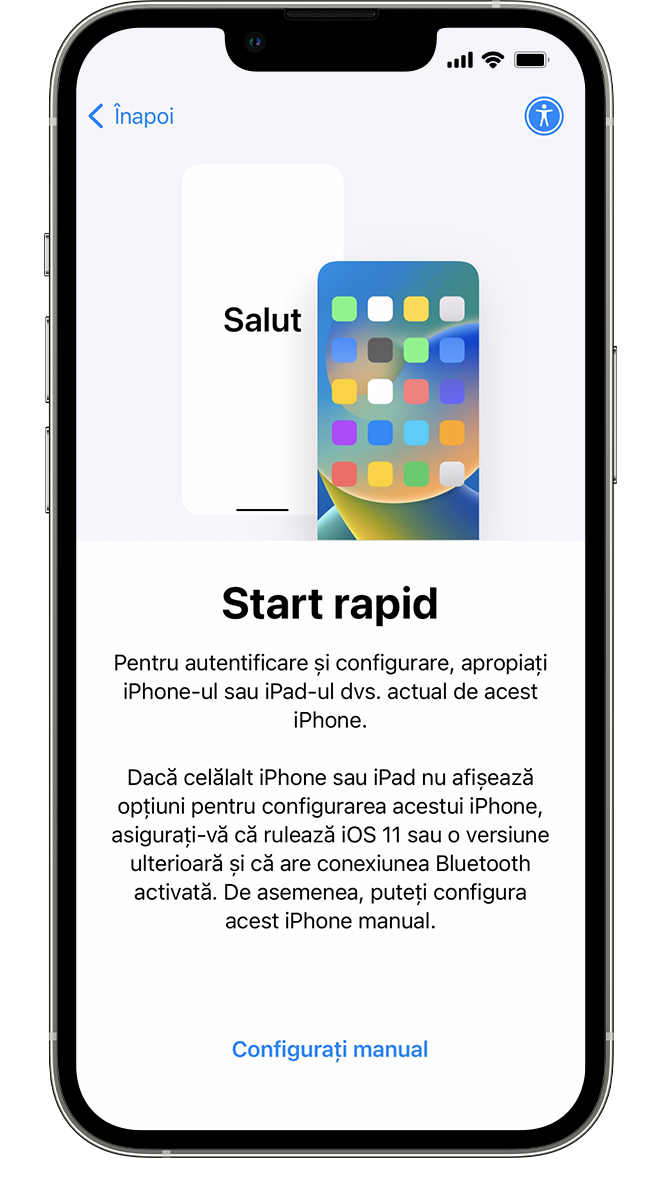 Un iPhone nou afișând ecranul Start rapid. Instrucțiunile îți solicită să pui vechiul dispozitiv lângă cel nou.