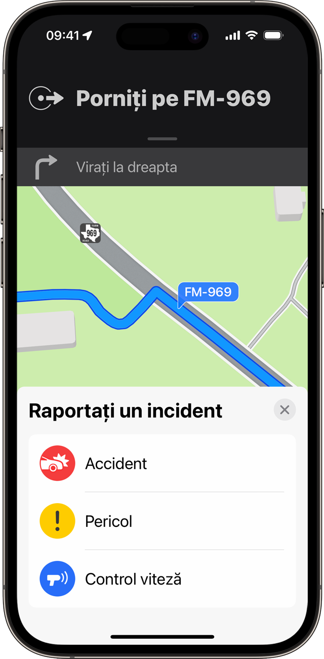 Poți raporta un incident în timp ce folosești indicații de navigare pas cu pas în aplicația Hărți de pe dispozitivul iPhone.