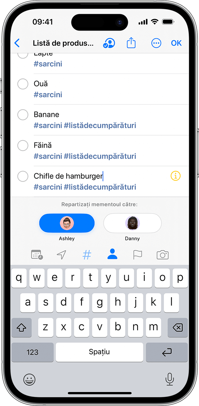În Mementouri de pe iPhone, poți aloca intrări specifice din listă unui contact.