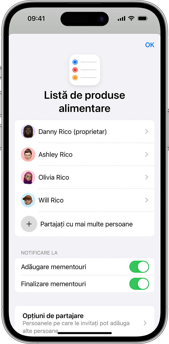 Pe iPhone, poți să partajezi o listă Mementouri cu contactele tale, însă poți să modifici notificările automate utilizând opțiunile Gestionați listă partajată.