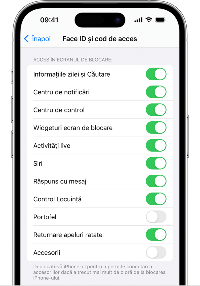 În configurările Face ID și cod de acces de pe iPhone, opțiunea Acces în ecranul de blocare este dezactivată în mod implicit pentru Accesorii