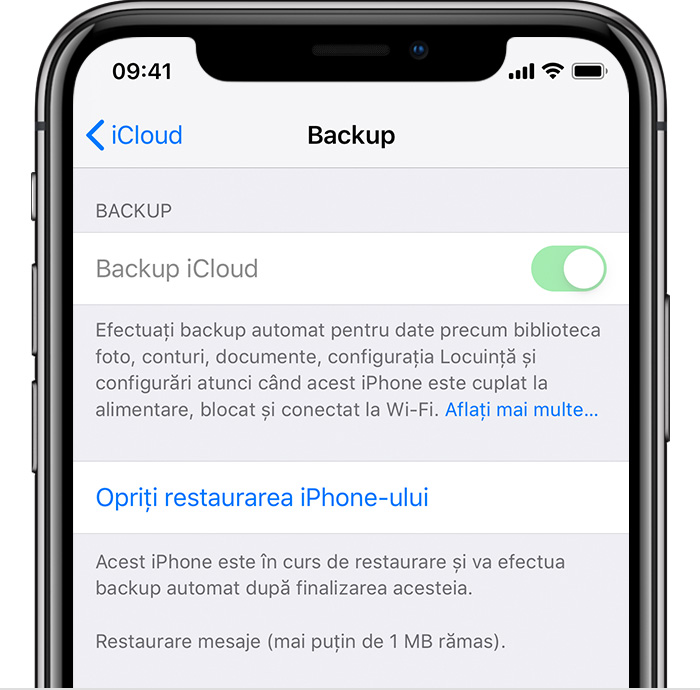 iPhone afișând Backup iCloud activ