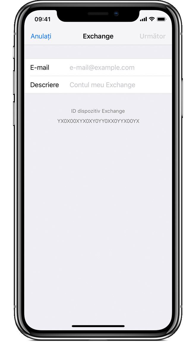 Ecranul de adÄugare a unui cont Exchange pe un dispozitiv iOS