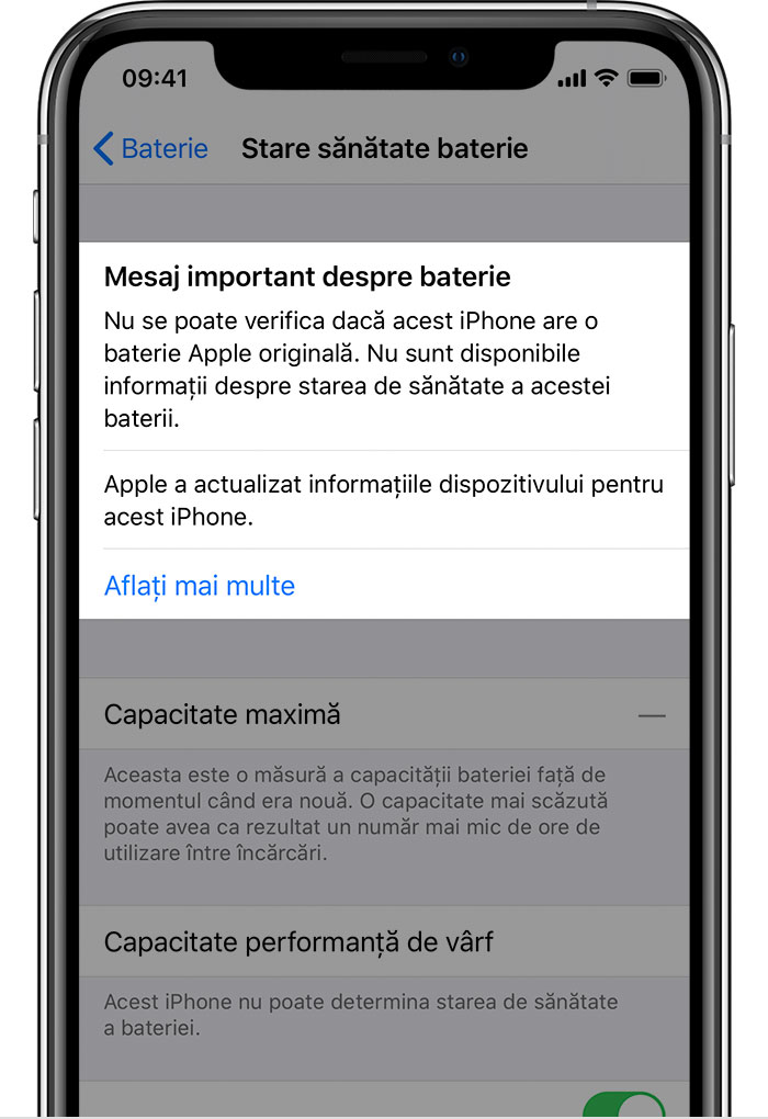 Imagine arătând un mesaj despre faptul că iPhone nu poate verifica dacă bateria Apple este originală